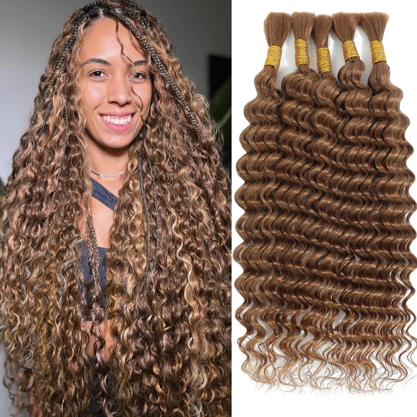 Human Braiding Hair 20 Inch 5 Bundles Deep Wave Bulk Human Hair for Braiding Human Hair Braiding Hair No Weft 100% Unprocessed 12A Human Braiding Hair for Boho Braids 150g 30#