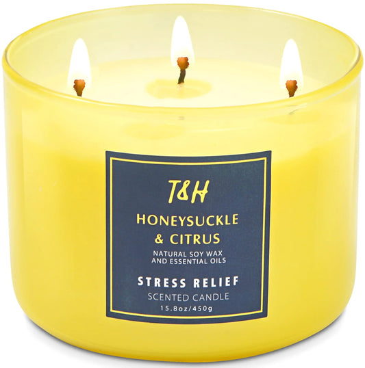 Large 3-Wick Aromatherapy Scented Candles for Home - Honeysuckle Citrus Stress Relief Candle with Grapefruit & Mint - Natural Soy Candles Clean Burning - Relaxing Candle for Women & Men