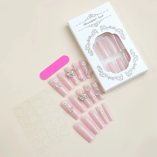 Sweet Floral Long Nail Tips with Butterfly Design