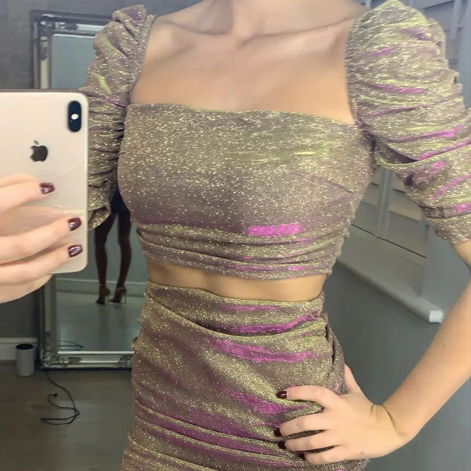 Shiny Crop Top and Skirt Set for Night Out
