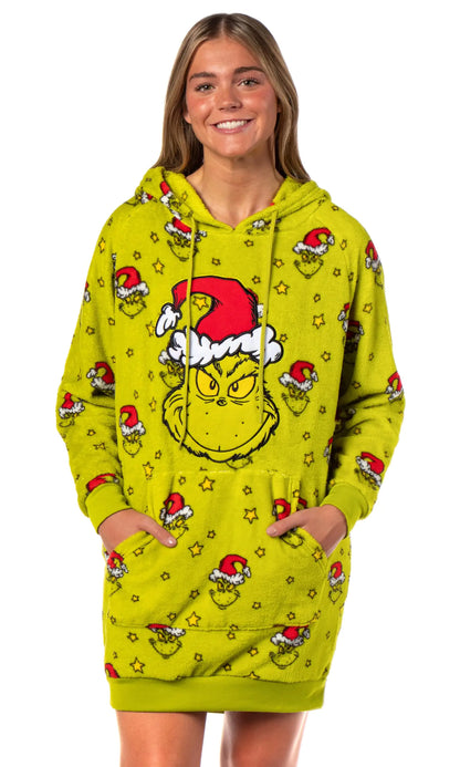 Dr. Seuss The Grinch Womens Pullover Hooded Plush Fleece Adult Pajama Dorm Sleep Shirt With Knee High Socks (Medium)