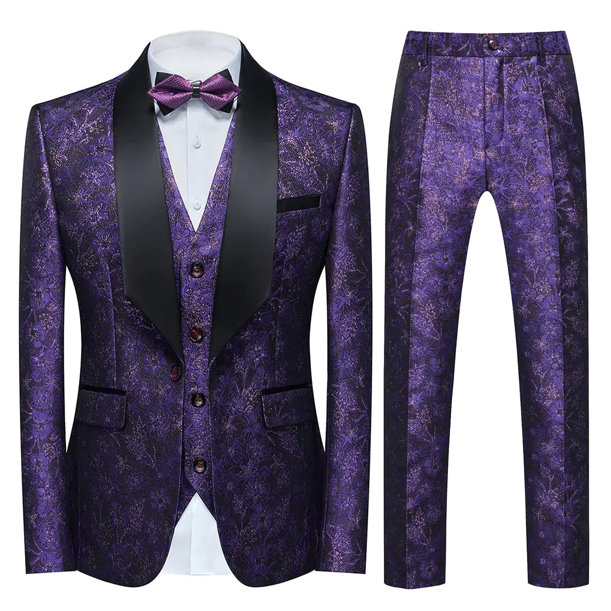 Tuxedo Suits for Men 3 Piece Regular Fit Suit Floral Pattern Blazer Jacket Waistcoat Pants Men Suit Set for Wedding Purple