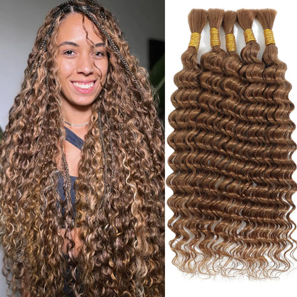 Human Braiding Hair 20 Inch 5 Bundles Deep Wave Bulk Human Hair for Braiding Human Hair Braiding Hair No Weft 100% Unprocessed 12A Human Braiding Hair for Boho Braids 150g 30#