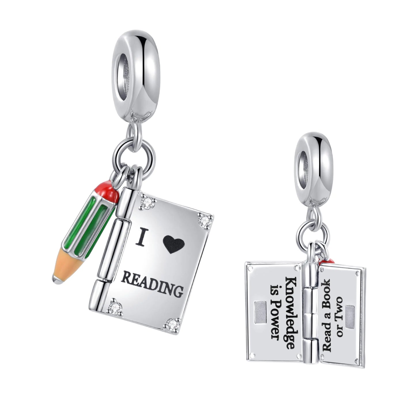 SBI Jewelry I Love Book Reading Charm Compatible Pandora Charm Bracelet Pencil Knowledge is Power Christmas Family Friend