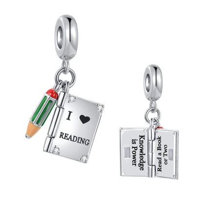 SBI Jewelry I Love Book Reading Charm Compatible Pandora Charm Bracelet Pencil Knowledge is Power Christmas Family Friend