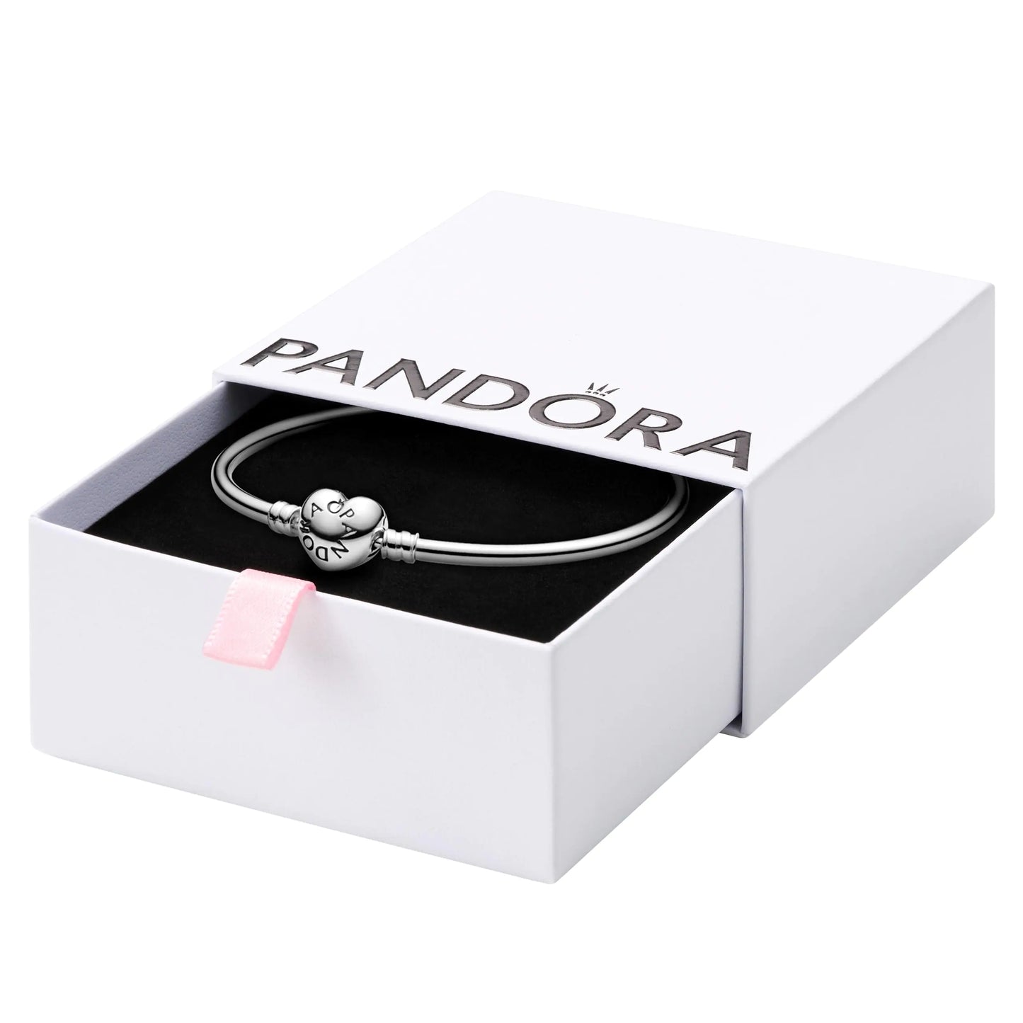 PANDORA Jewelry Bangle with Heart Clasp - Compatible Moments Charms - Sterling Silver Bracelet - Comes with Gift Box - 8.3"