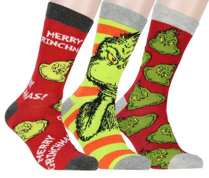 Bioworld Dr Seuss GRINCH Merry Grinchmas Adult Holiday 3 Pair Crew Socks