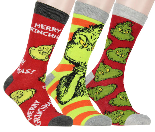 Bioworld Dr Seuss GRINCH Merry Grinchmas Adult Holiday 3 Pair Crew Socks