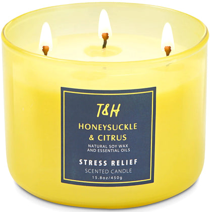 Large 3-Wick Aromatherapy Scented Candles for Home - Honeysuckle Citrus Stress Relief Candle with Grapefruit & Mint - Natural Soy Candles Clean Burning - Relaxing Candle for Women & Men