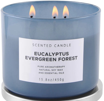 Eucalyptus Evergreen Forest Luxury 3 Wick Winter Pine Candle | Mens Candles Scented Candles for Home | Aromatherapy Stress Relief Soy Candles 15.8 oz | Balsam Fir Woods Candles for Men & Women