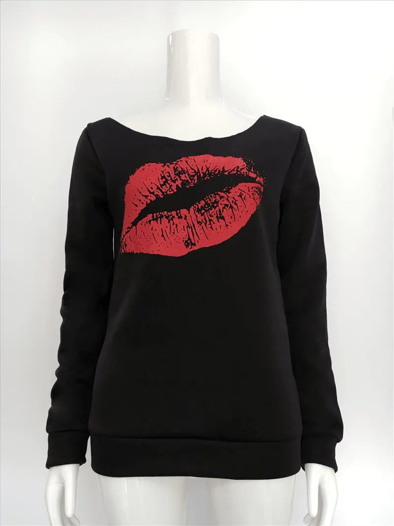 Long Sleeve Autumn Hoodie with Lip Pattern for Women