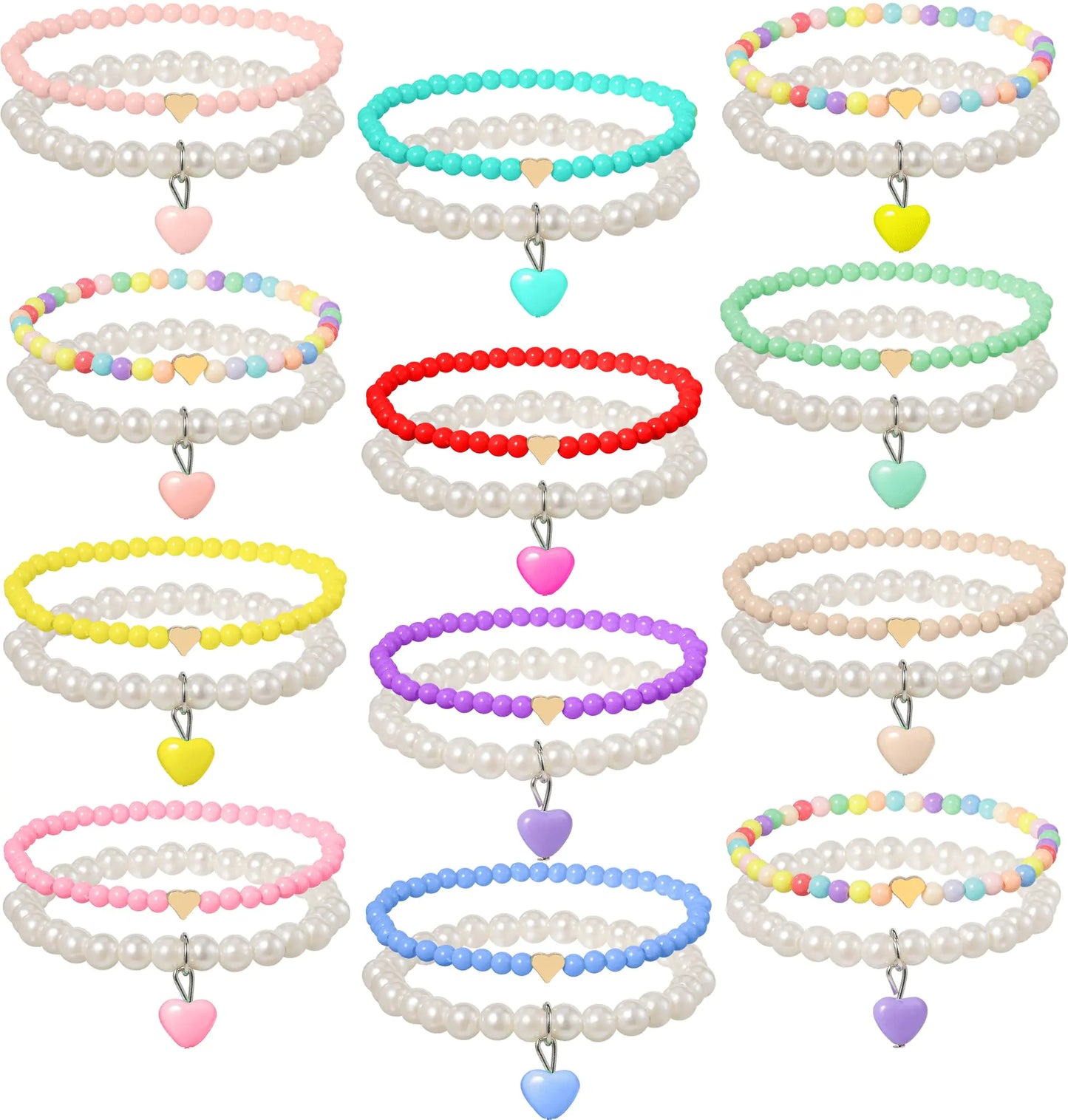 PinkSheep Valentines Day Gift Bracelets for Girls 24pc Heart Pendant Pearl Colorful Friendship Bracelet for Teen Girl Little Girl Beaded Stretch Charm Bracelet Set Bracelets Bulk