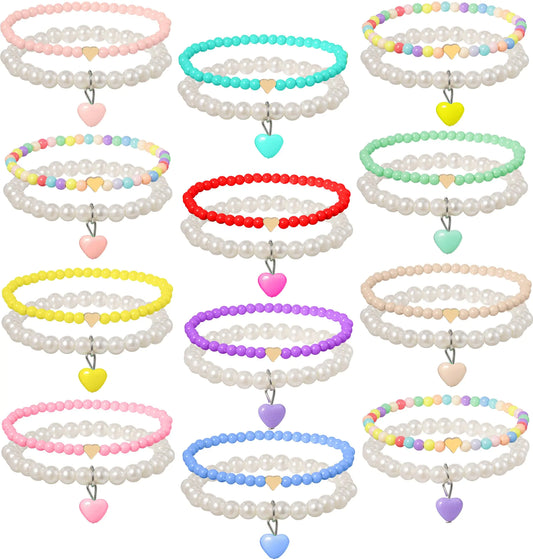 PinkSheep Valentines Day Gift Bracelets for Girls 24pc Heart Pendant Pearl Colorful Friendship Bracelet for Teen Girl Little Girl Beaded Stretch Charm Bracelet Set Bracelets Bulk