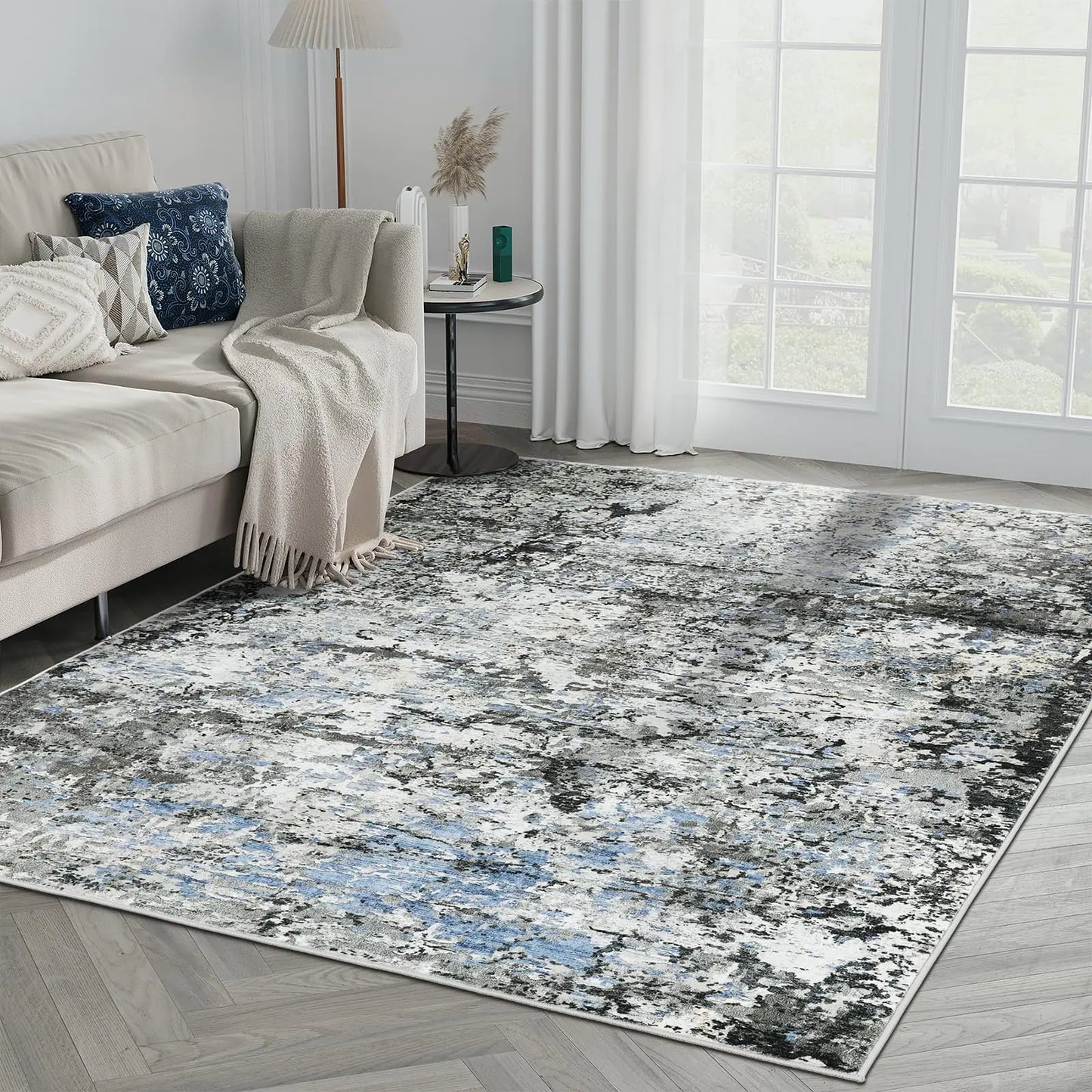 Miukiki 5x7 Area Rugs for Living RoomAnti-Slip Backing Washable RugStain Resistant Abstract Area RugsUltra-Thin Large Home Decor Rug (Blue/Grey Green5x7)