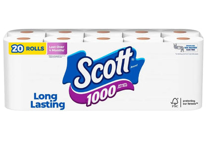 Scott 1000 Toilet Paper 20 Regular Rolls Septic-Safe 1-Ply Toilet Tissue