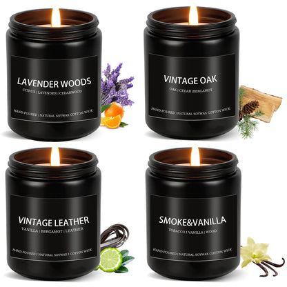 Scented Candles for Men Soy Candle Set Scented Candles for Home 4 Pack Men Candle Gift Natural Candles Scents of Lavender Oak Leather Smoke Vanilla