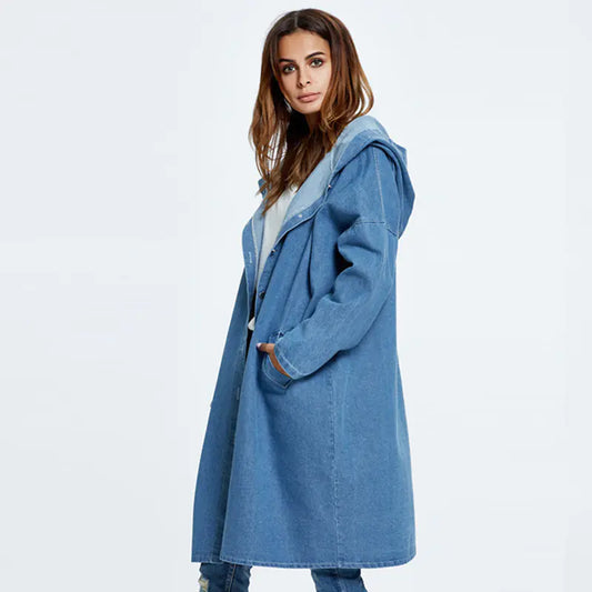 Hooded Long Denim Cardigan Jacket for Women