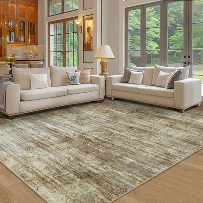 Area Rug 5x7 Living Room Rugs: Abstract Large Washable Rugs with Non-Slip Backing Thin Carpet for Dining Room Table Bedroom Nursery Indoor Home Office-Brown