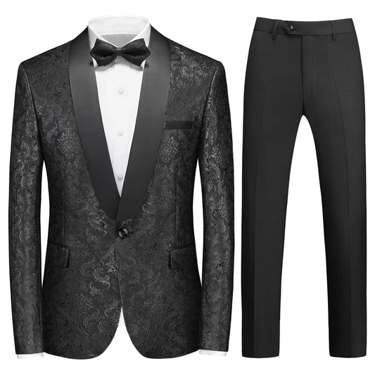 Rogers & Morris Tuxedo Suits for Men Paisley Floral 2 Piece Set Baroque Patterm Jacket and Black Pants Black M