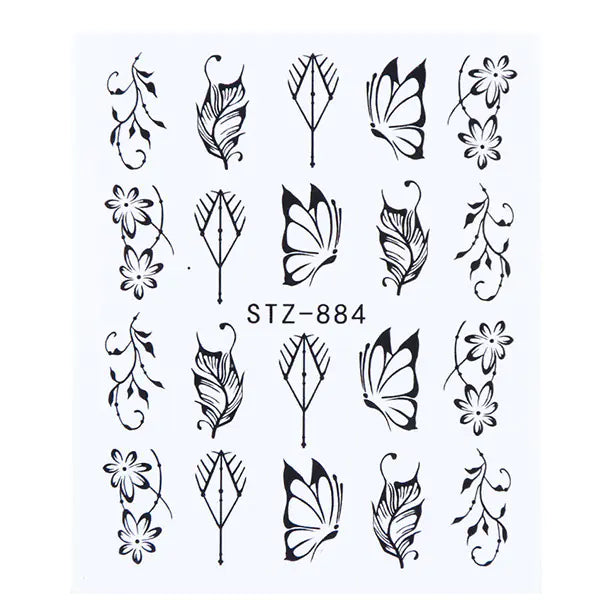 Nail Art Stickers - Black Line & Ink Petal Design