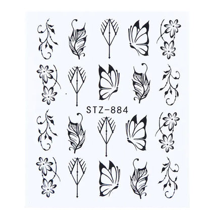 Nail Art Stickers - Black Line & Ink Petal Design