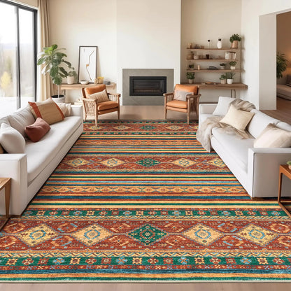 Madane 8x10 Christmas Area Rugs for Living Room Stain Resistant Moroccan Washable Rugs 8x10 Thin Geometric Area Rugs 8x10 with Non-Slip Backing Soft Low Pile Farmhouse 8x10 Rug Red/Mutil