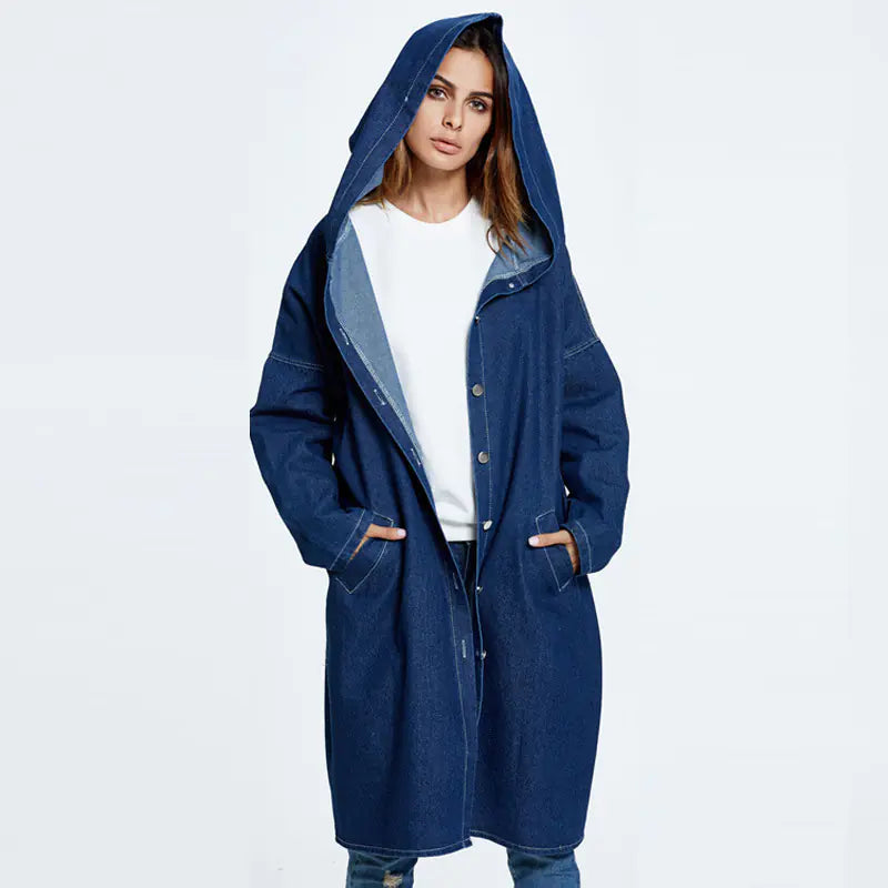 Hooded Long Denim Cardigan Jacket for Women
