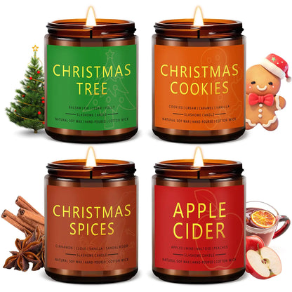 Christmas Candle Set | 4 Pack Christmas Scented Candles for Home | Holiday Gifts for Women Men | Soy Candles for Home Scented | Scents of Christmas Tree/Cookies/Spices/Apple Cider
