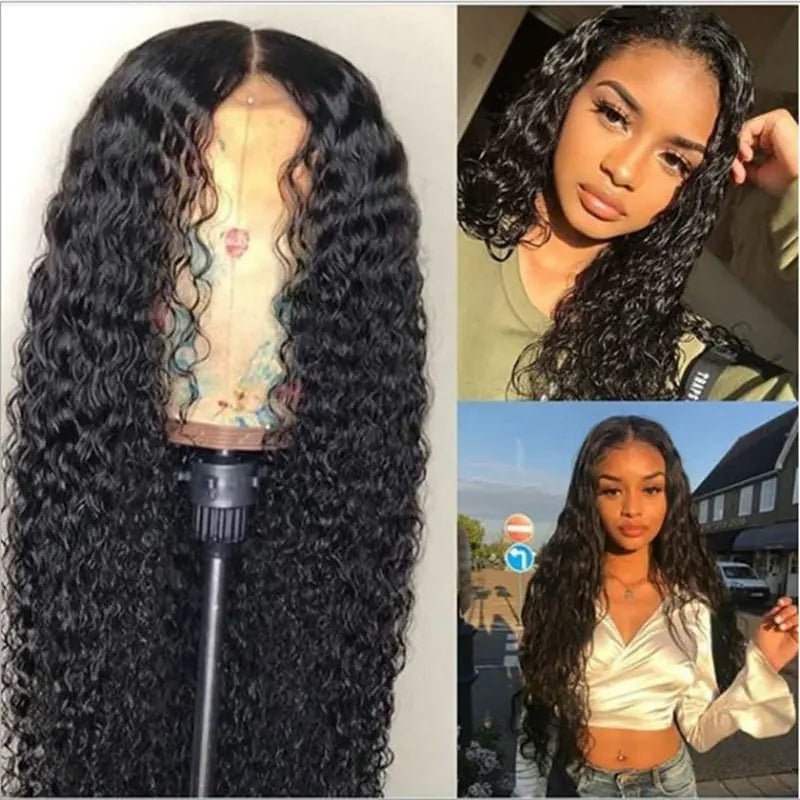 Black Long Curly Wig for Women with Middle Parting
